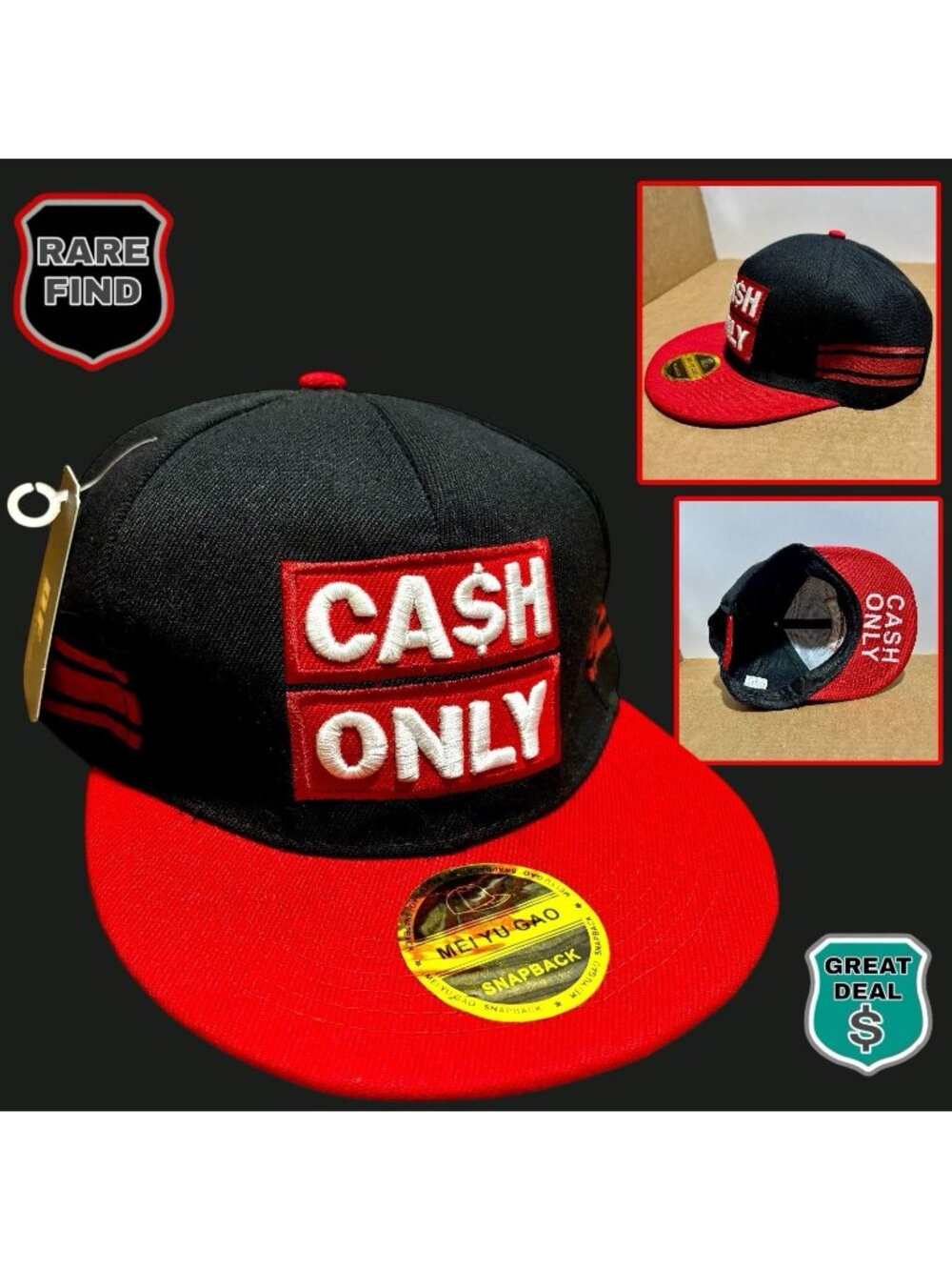 Cash Only Embroidered Flat Brim Red & Black Adjustable Snapback Cap Hat. NEW!